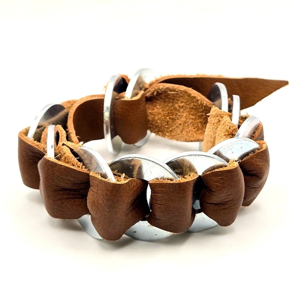 Handmade Brown Leather and Metal Washer Link Industrial Wrap Bracelet Unisex